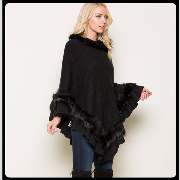 Faux Fur Trimmed Sweater Knit Poncho - Picture 2 of 8